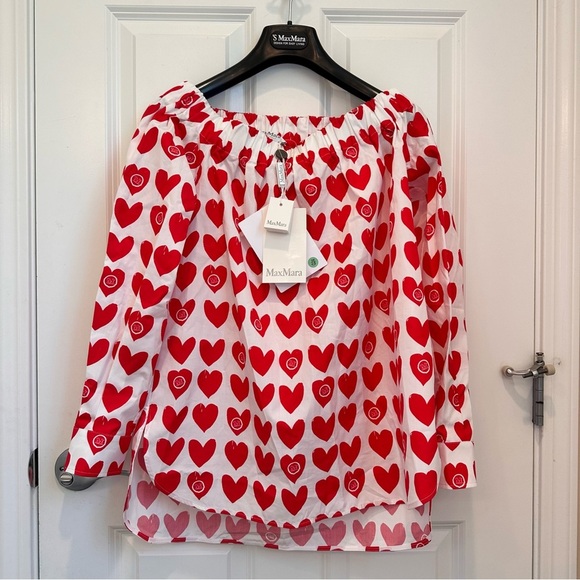 NWT MAX MARA RedCalamo Heart Printed Cotton Off-Shoulder Top Sz:Xs Siring/Summer - Picture 1 of 14